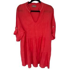 Saiph Lab linen v neck Knee Length Chic coral pink 3/4 Sleeve sheath Dress XL